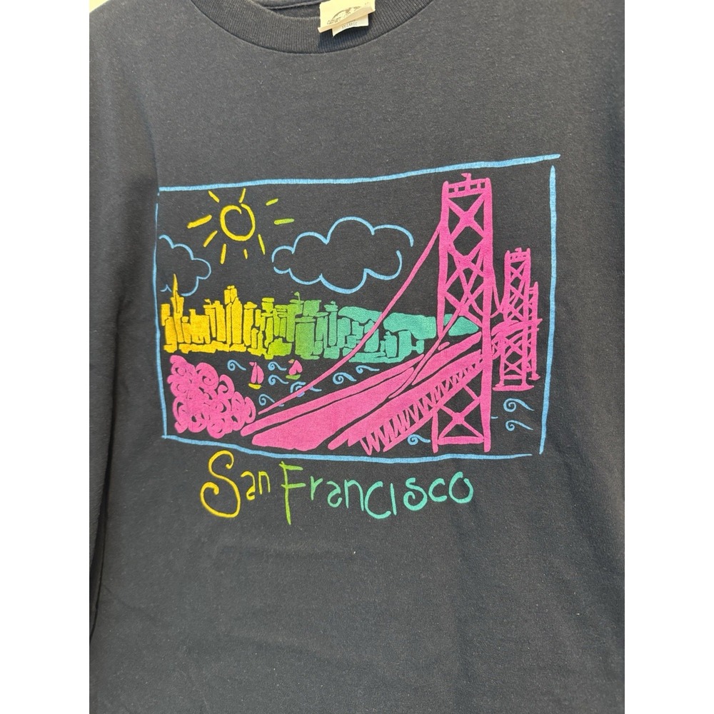 Vintage 90s Wear On Earth San Francisco T Shirt XXL Golden Gate Neon Skyline Y2K - Picture 2 of 10